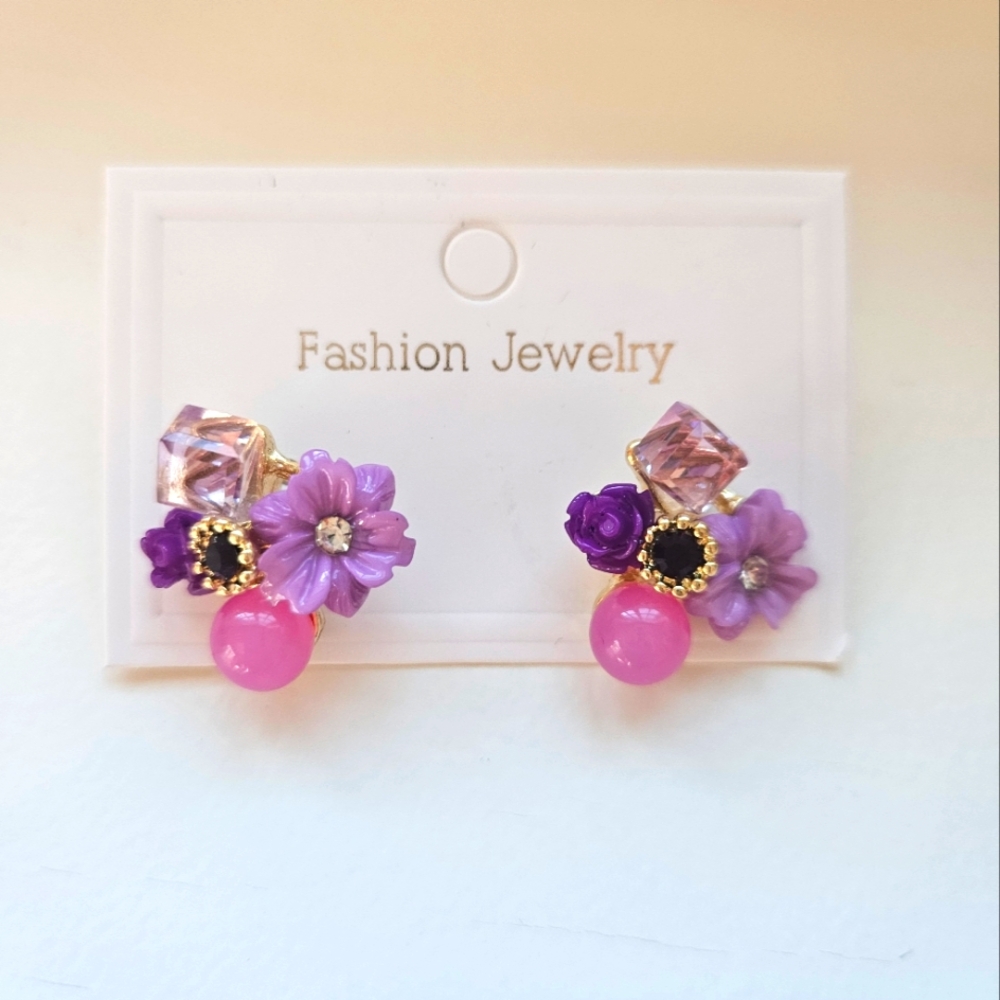 Fashion Jewelry Pink and Purple Floral Earrings